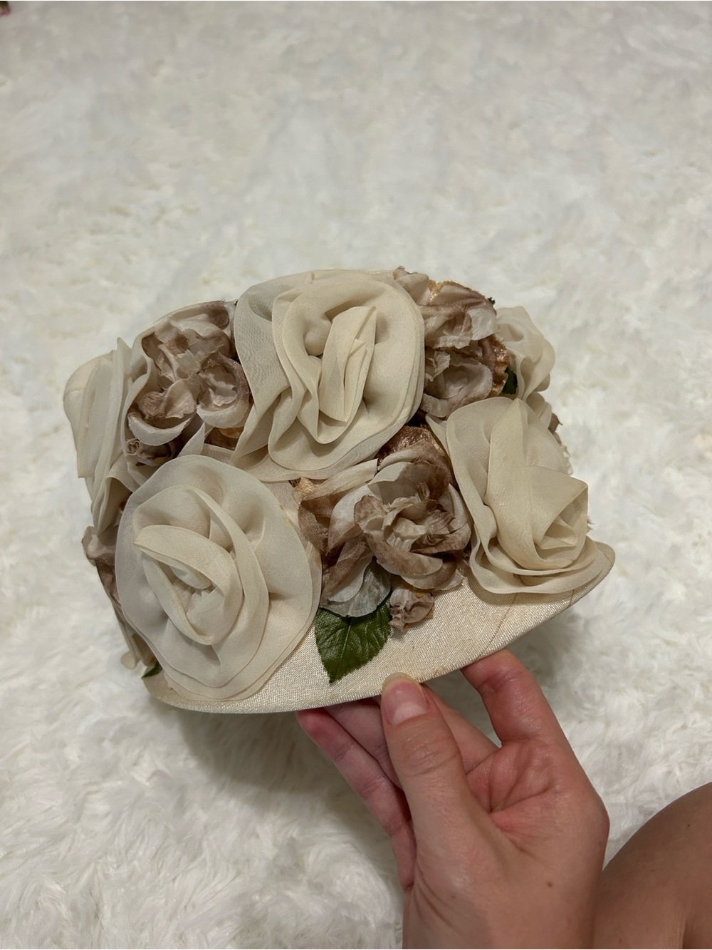 Ivory Floral Pillbox Hat with Beige Accents - Women Accessories